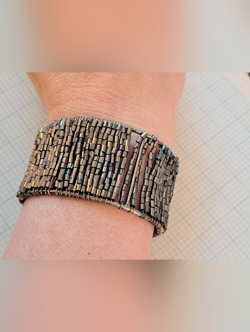 Gunmetal Gold Beaded Cuff Bracelet - Metallic Grey Statement Bracelet